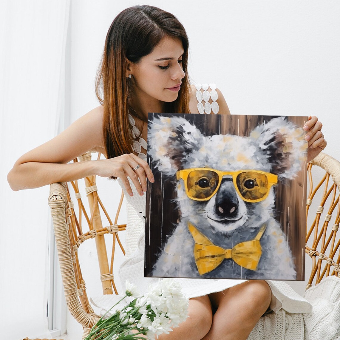 Hipster Koala Poster Yellow Sunglasses Bow Tie Painterly Funny Animal Print - Image 3