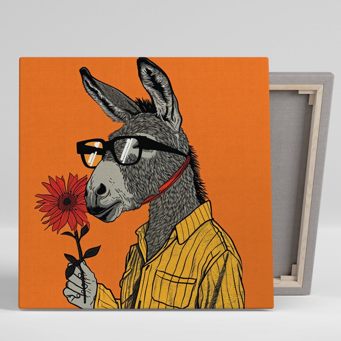 Hipster Donkey With Glasses Holding Red Flower Orange Art Poster