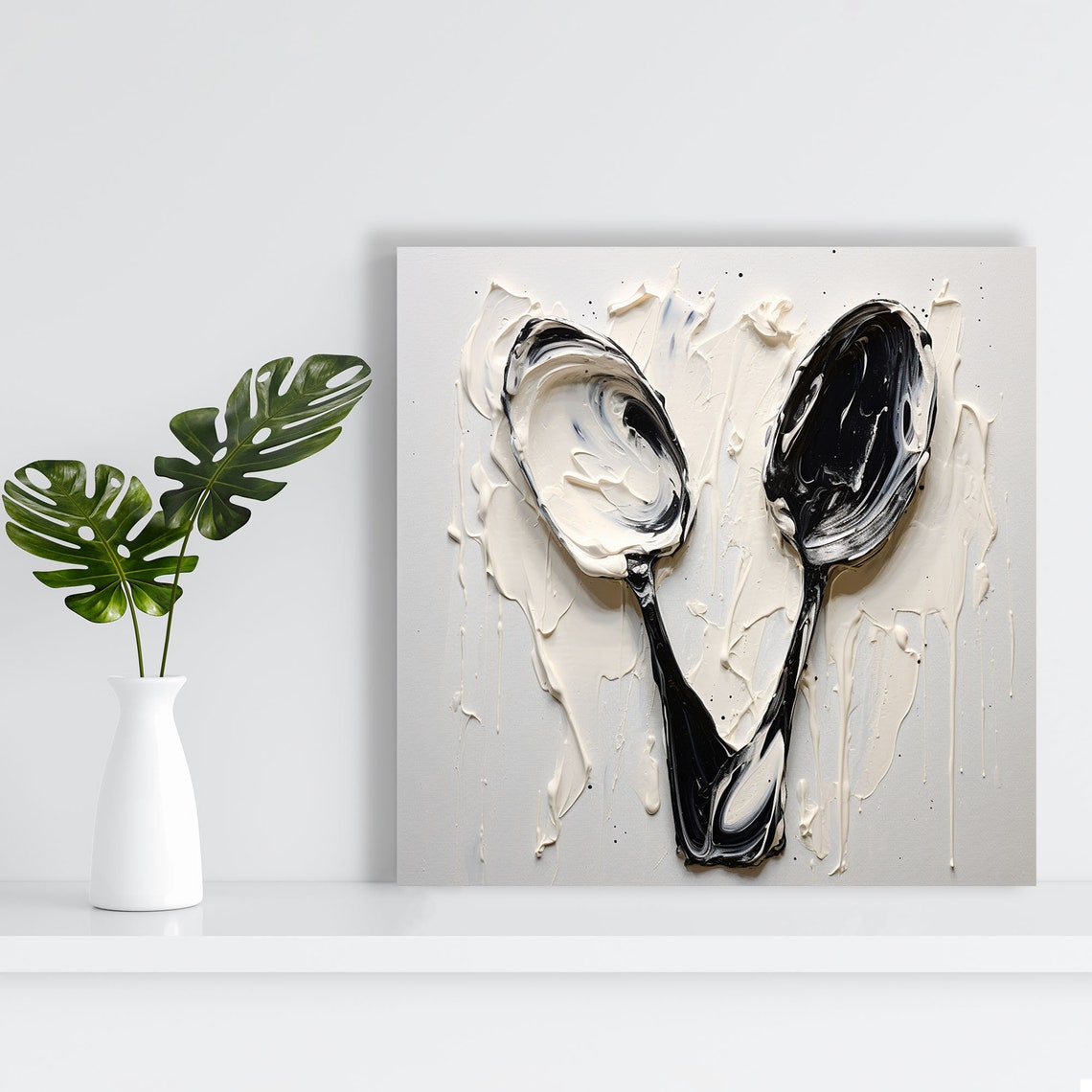 Abstract Black White Spoons Impasto Texture Modern Kitchen Poster - Image 2