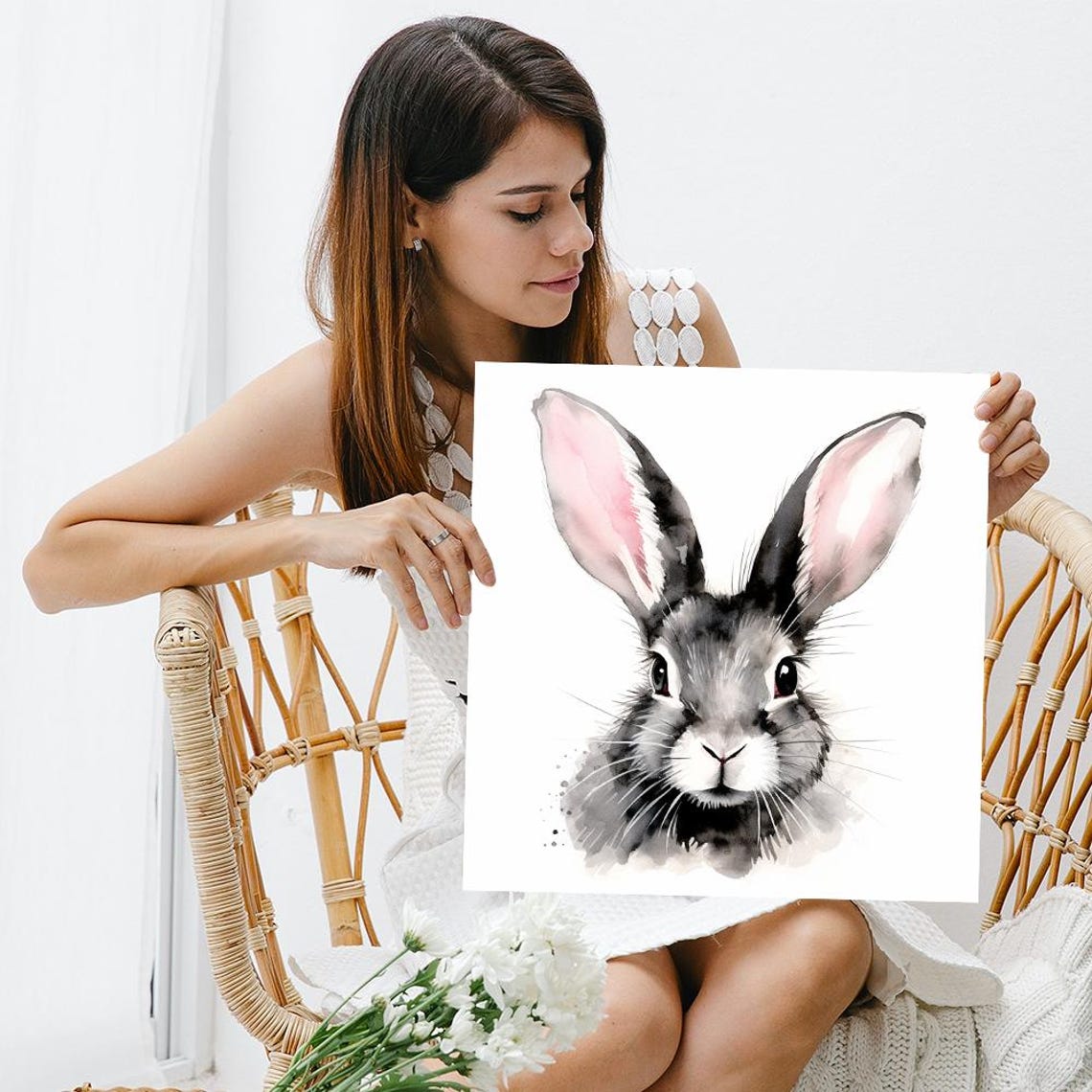 Sweet Gray Bunny Watercolor Portrait Big Ears Nursery Animal Poster - Image 3