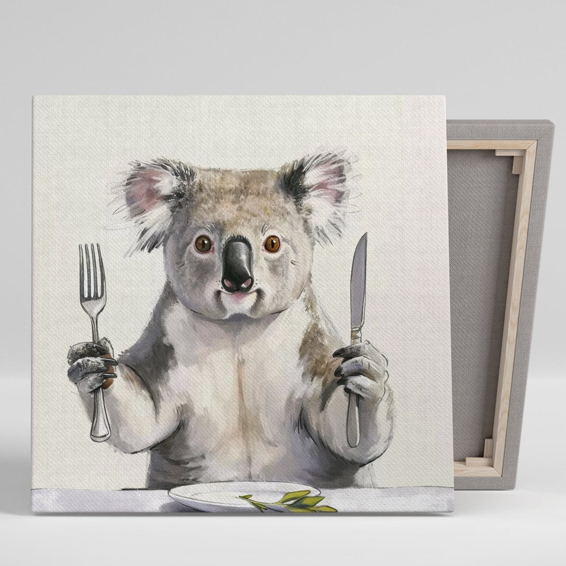 Hungry Koala Holding Fork and Knife Funny Dinner Table Wall Poster