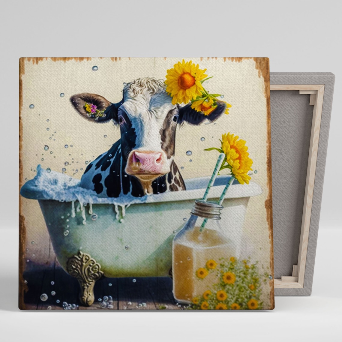 Cow in Bathtub with Sunflower Farm Art Print
