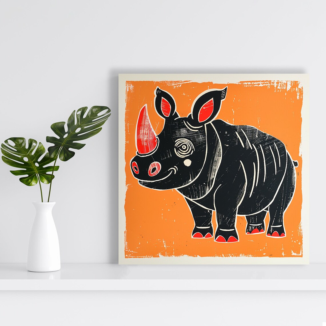 Whimsical Rhino Retro Animal Block Print Poster - Image 2