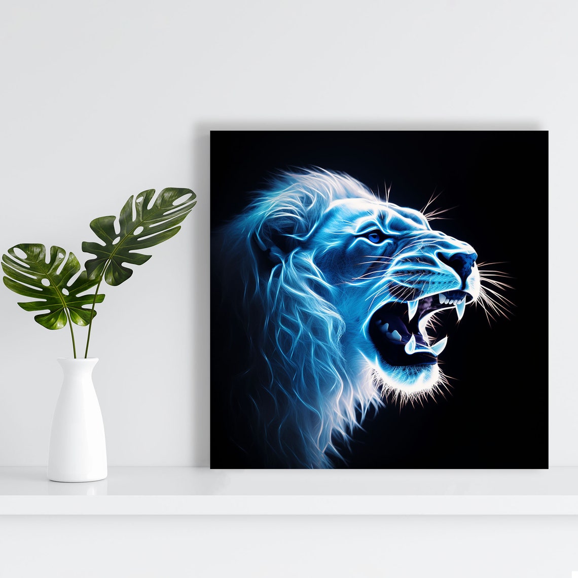 Electric Blue Neon Roaring Lion Profile Black Background Wall Poster - Image 2