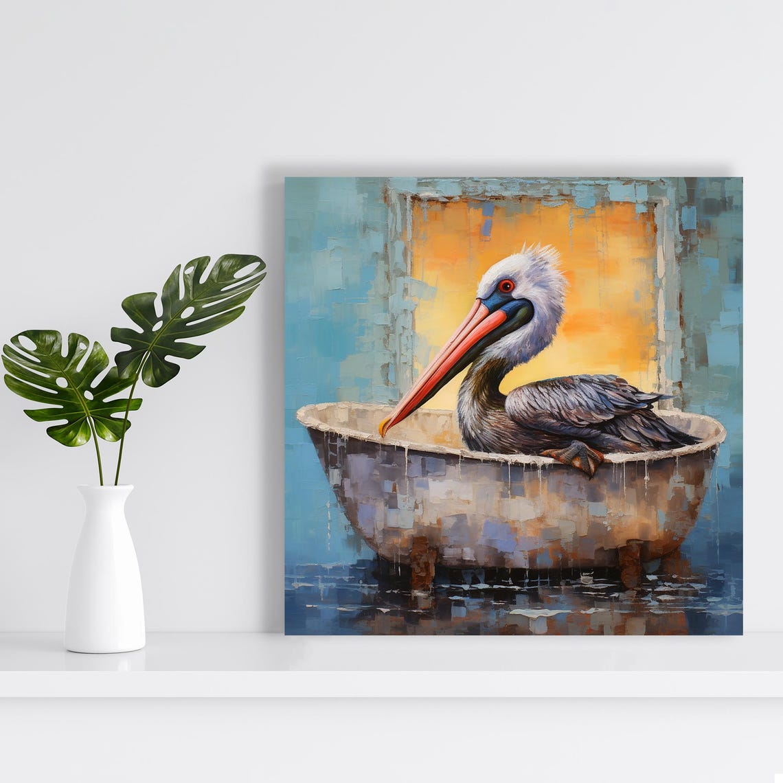 Pelican In Vintage Bathtub Abstract Blue Gold Bathroom Art Poster - Image 2