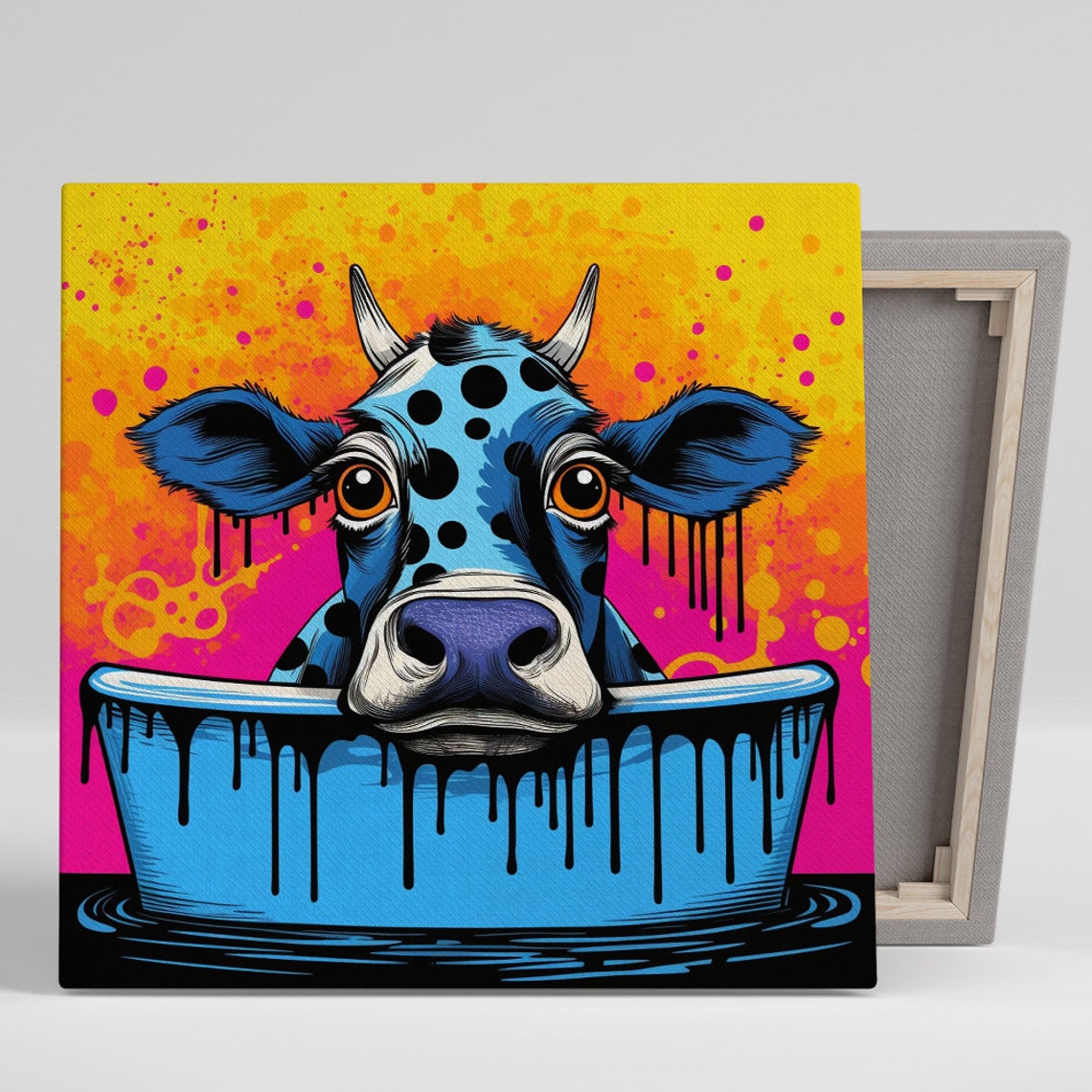 Psychedelic Blue Cow Bubble Bath Pop Art Pink Orange Splash Poster