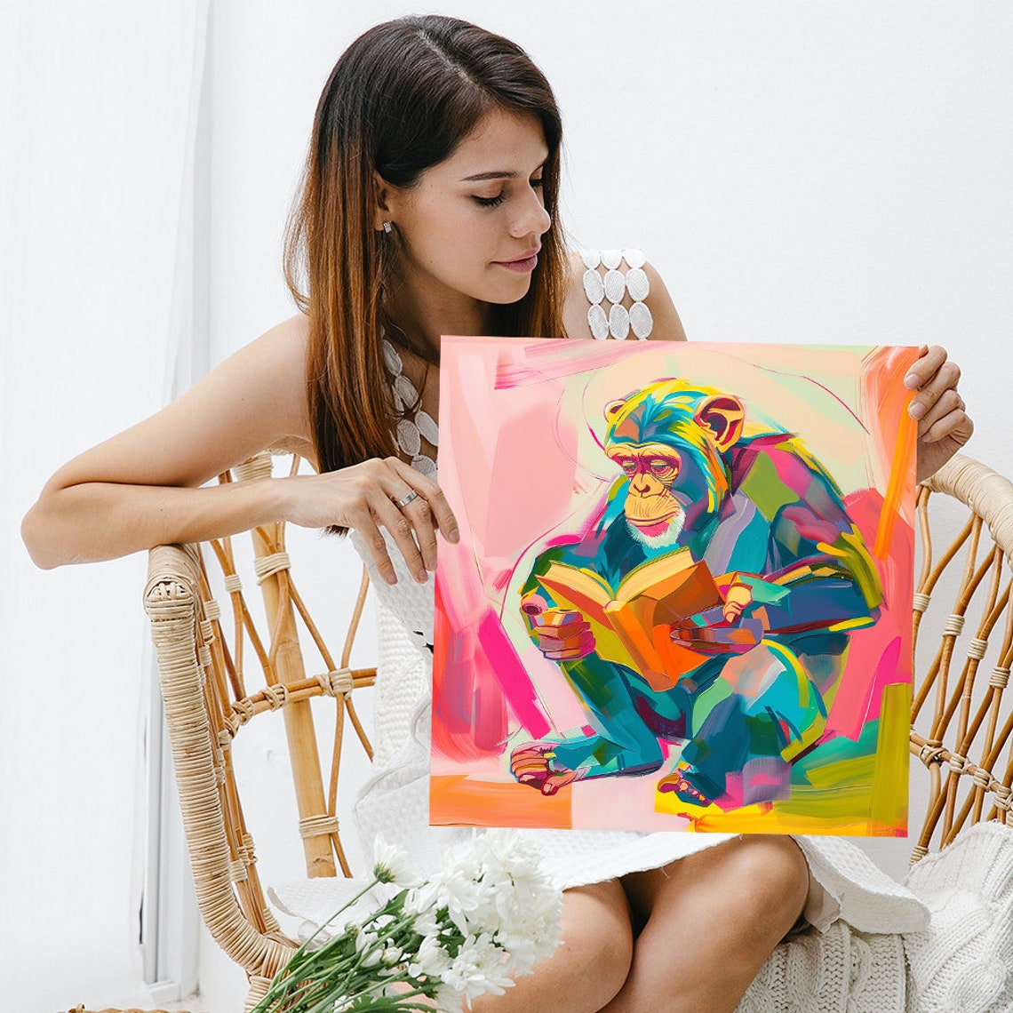 Reading Chimpanzee Bookworm Cheerful Pop Art Colorful Library Poster - Image 3