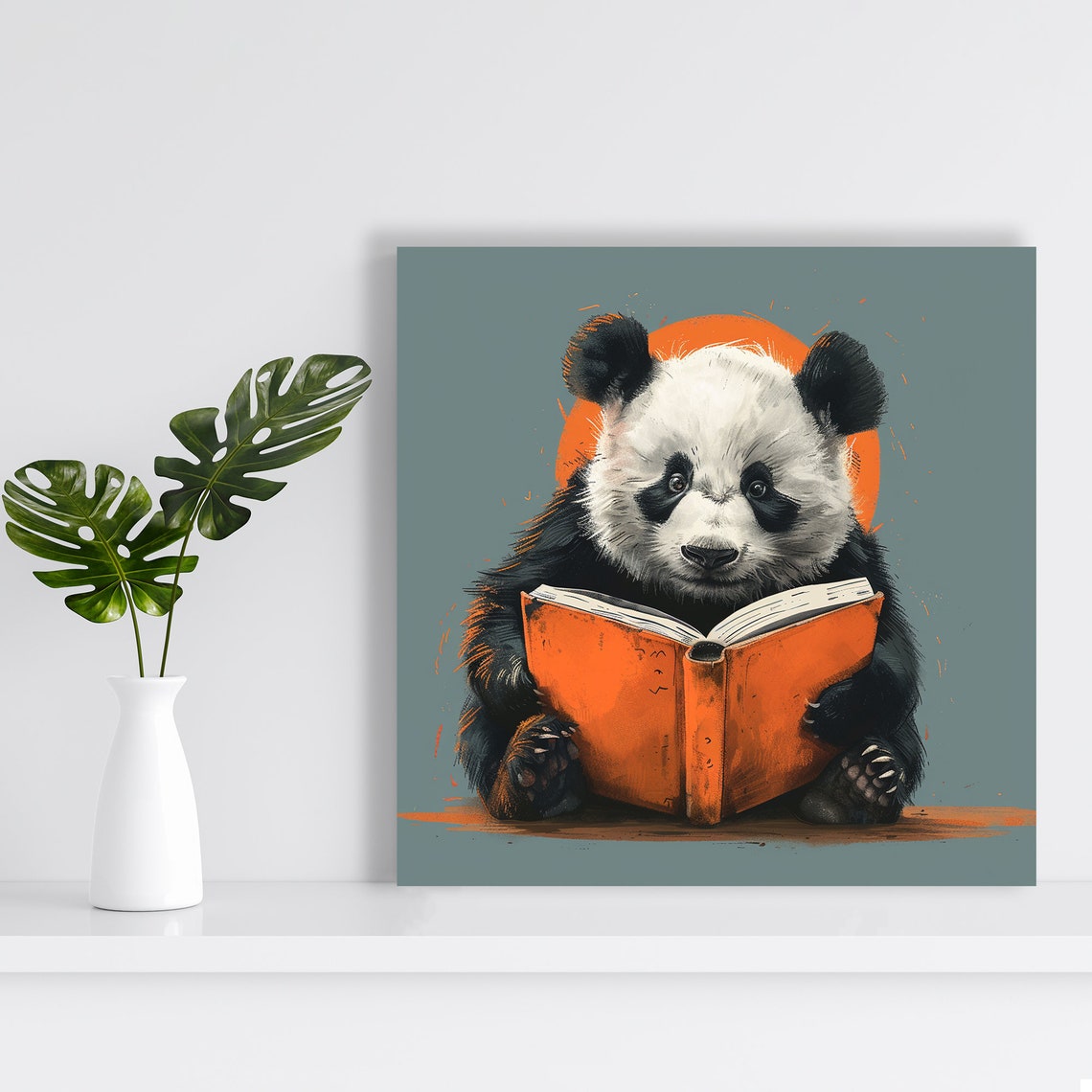 Baby Panda Reading Orange Book Teal Background Cute Bookworm Poster - Image 2