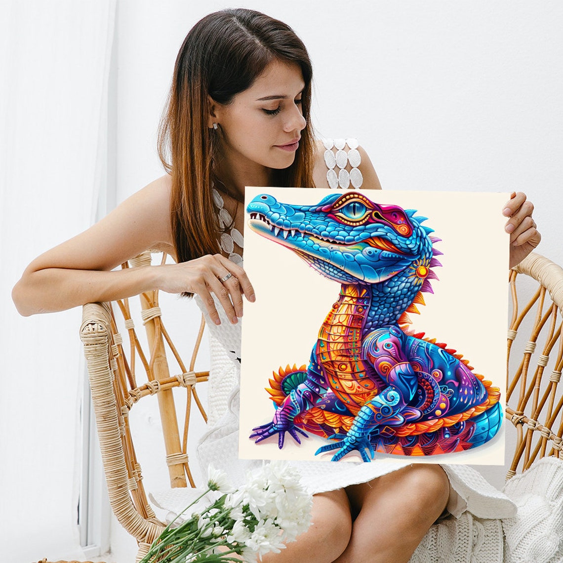 Psychedelic Colorful Crocodile Blue Purple Vibrant Animal Art Poster - Image 3