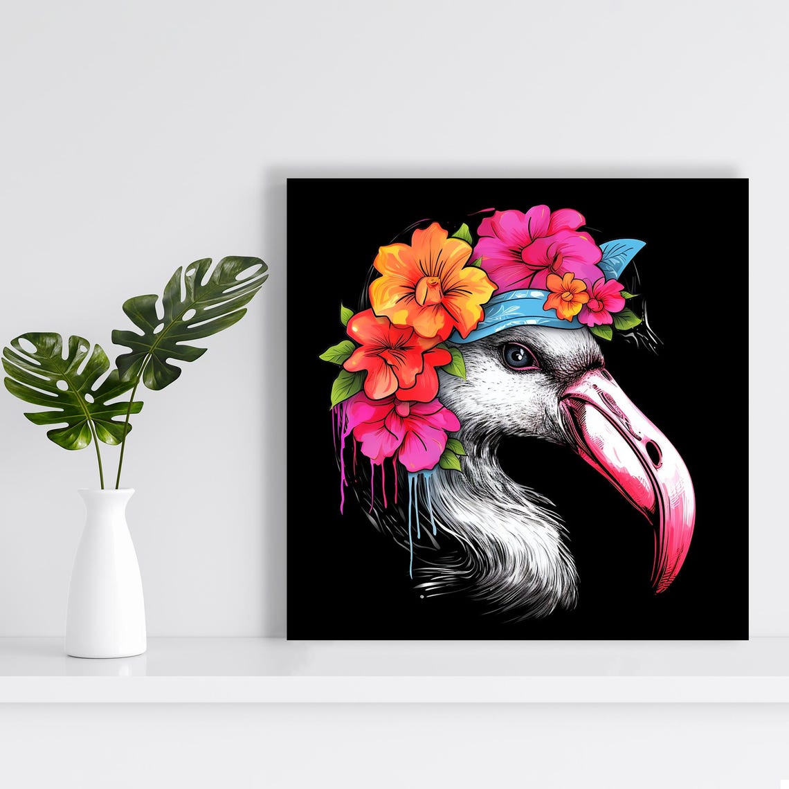 Flamingo With Tropical Flower Crown Tattoo Pop Art On Black Poster - Image 2