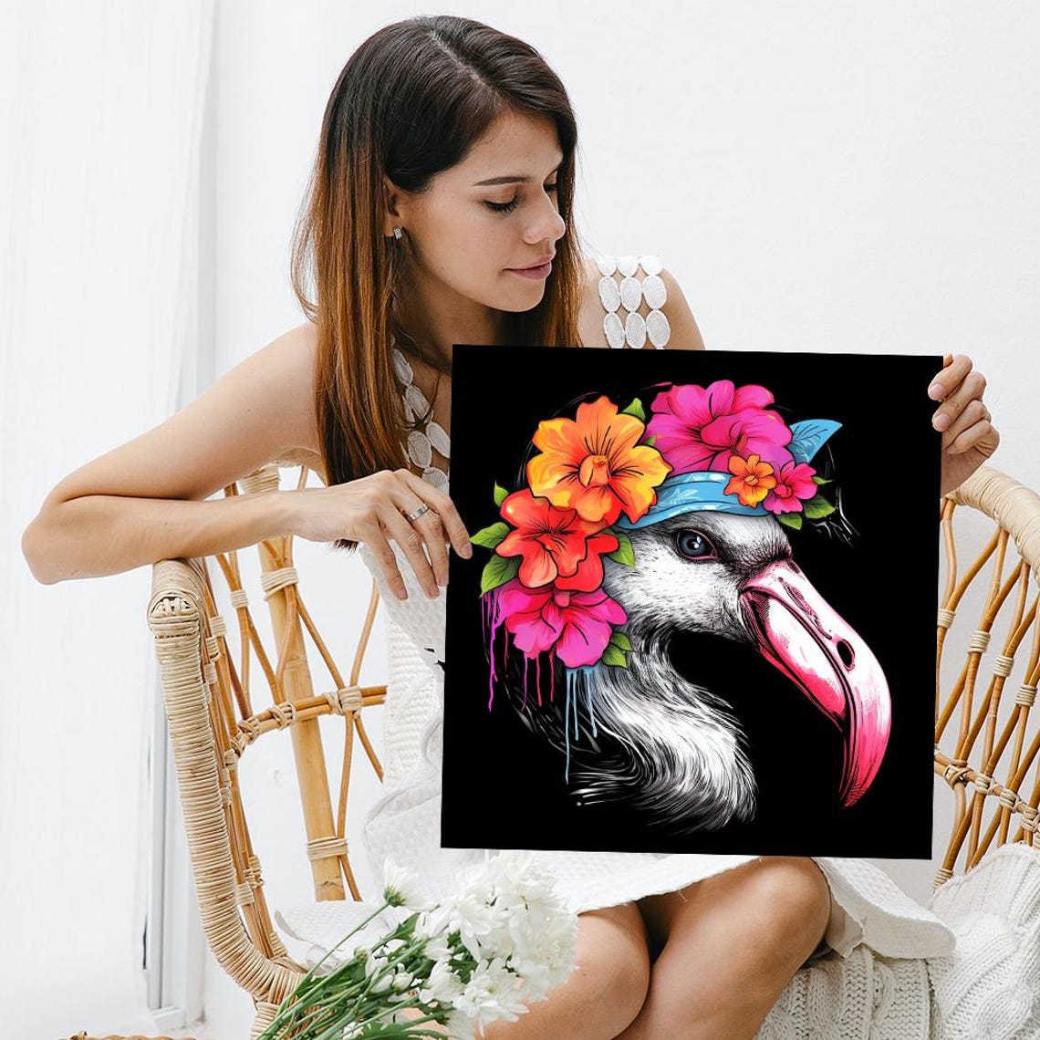 Flamingo With Tropical Flower Crown Tattoo Pop Art On Black Poster - Image 3