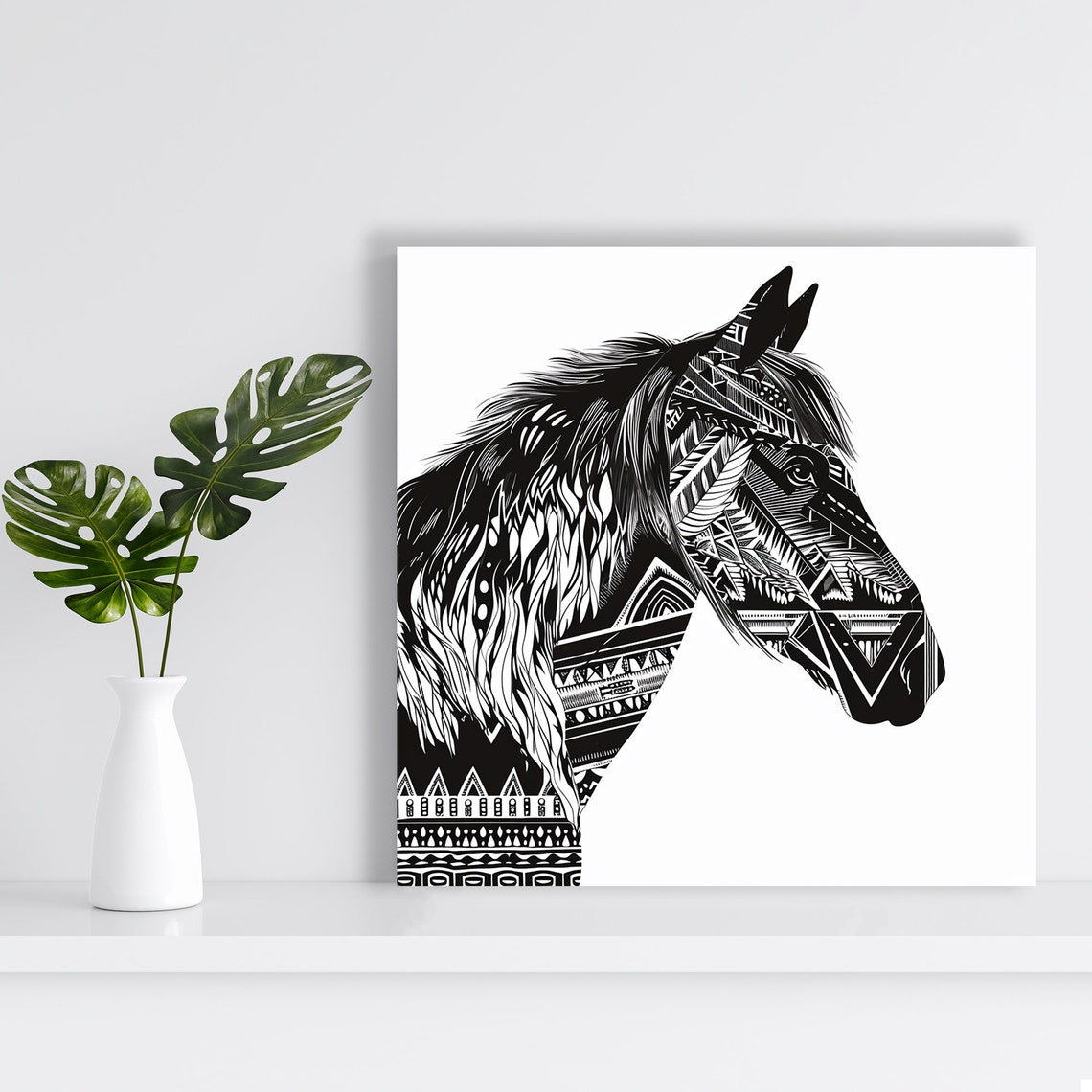 Tribal Horse Head Profile Black White Geometric Zentangle Equine Art - Image 2