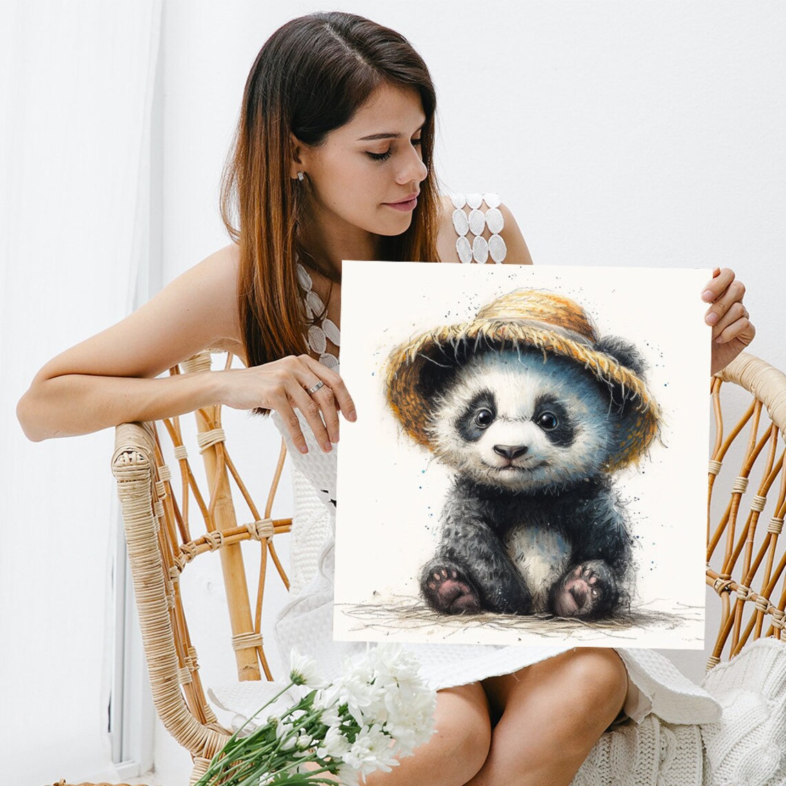 Cute Baby Panda Wearing Straw Hat Watercolor Nursery Animal Poster - Image 3