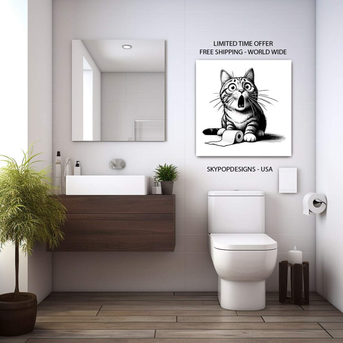 Cat With Toilet Paper Bathroom Art Print, Modern - Image 2