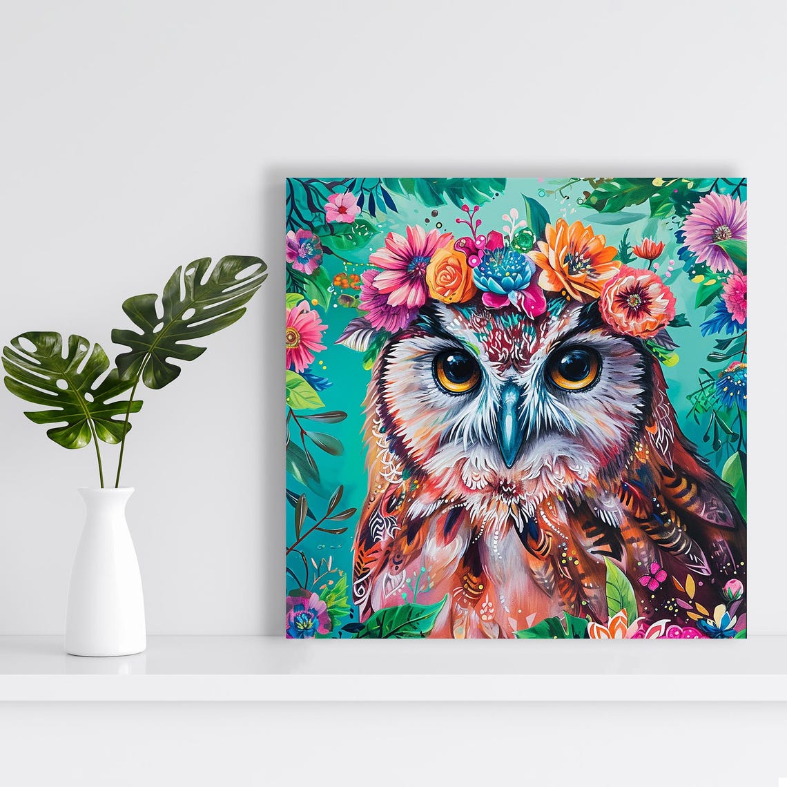 Colorful Owl With Flower Crown Tropical Blossom Wall Art Poster - Image 2
