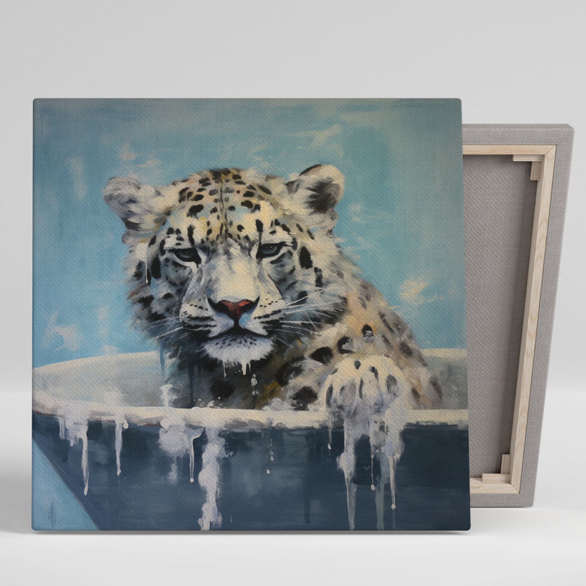 Snow Leopard In Bathtub Dripping Paint Blue Funny Bathroom Poster