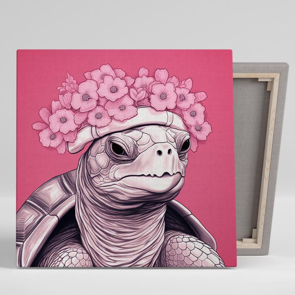 Smiling Tortoise With Pink Blossom Crown Monochrome Pink Art Poster