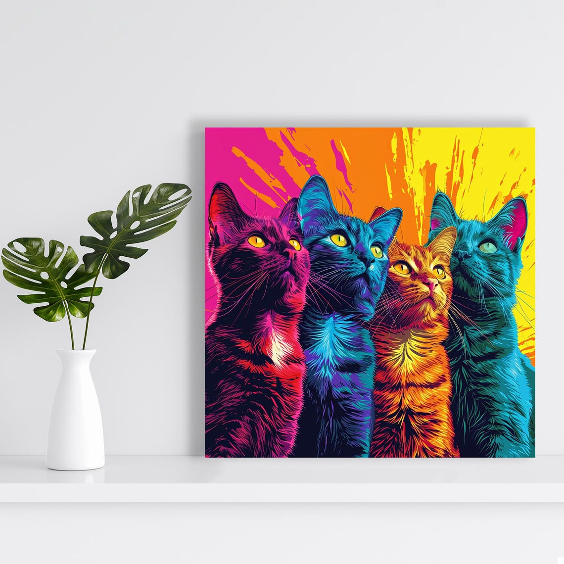 Colorful Cat Quartet Pop Art Neon Feline Portrait Wall Poster - Image 2