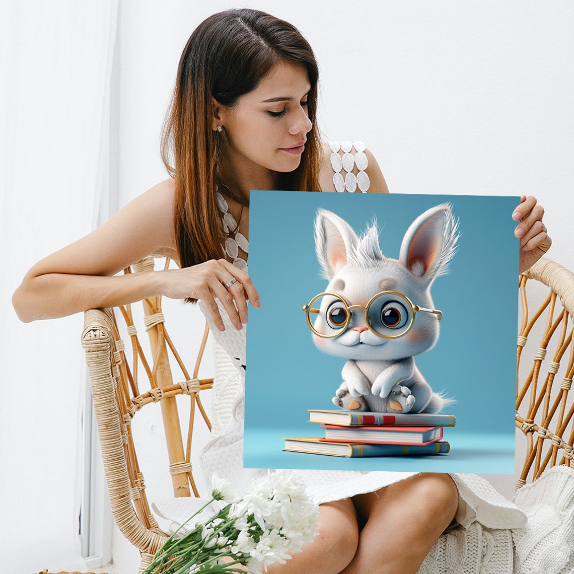 Cute Baby Bunny Glasses Sitting On Books Scholarly Animal Poster - Image 3