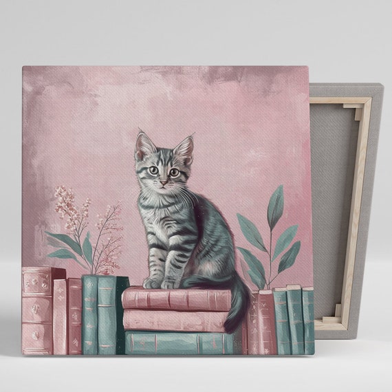 Whimsical Kitten and Books Art Print, Vintage Decor