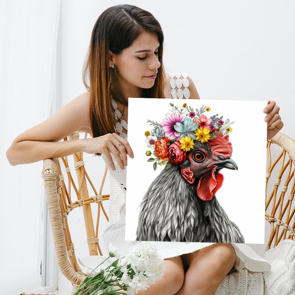 Floral Rooster Elegance, Boho Farmhouse Wall Art Print - Image 3