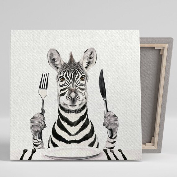 Baby Zebra Dinner Date Holding Fork And Knife Cute Kitchen Whimsy Poster
