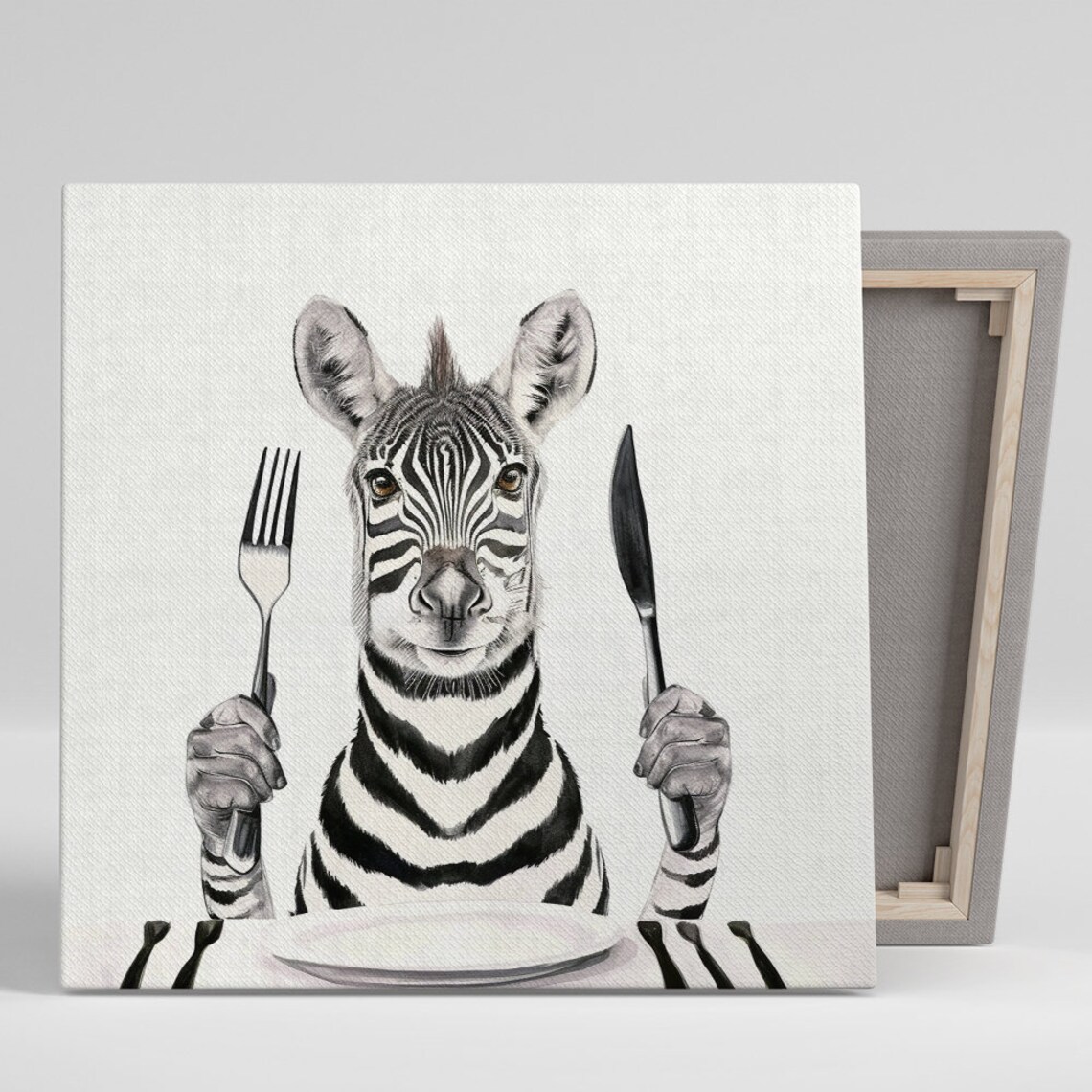 Baby Zebra Dinner Date Holding Fork And Knife Cute Kitchen Whimsy Poster