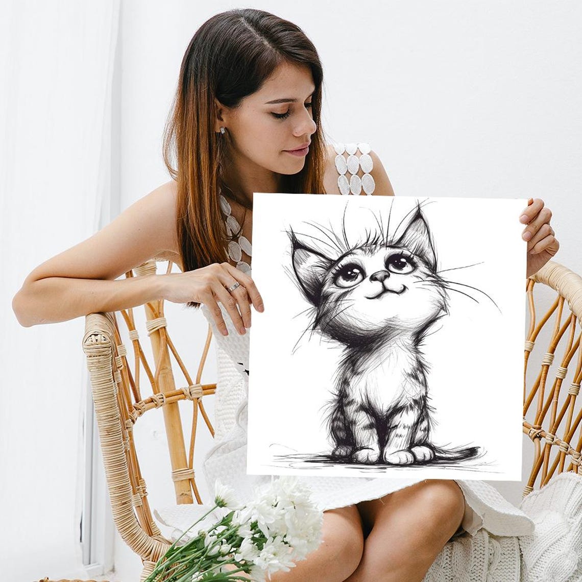 Cute Kitten Pencil Sketch Black Ink Minimalist Drawing Wall Poster - Image 3