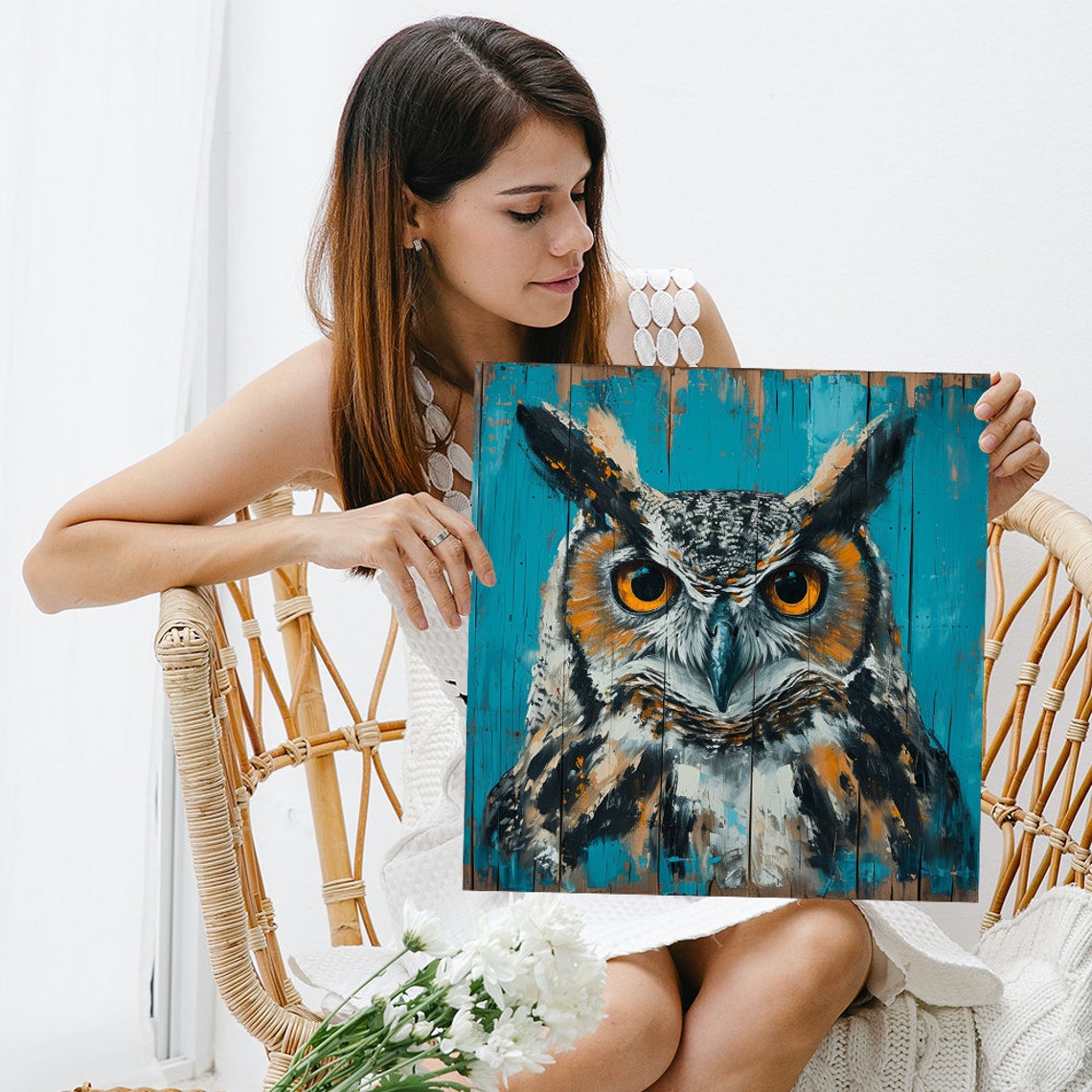 Owl Portrait Turquoise Wood Plank Rustic Contemporary Animal Print - Image 3