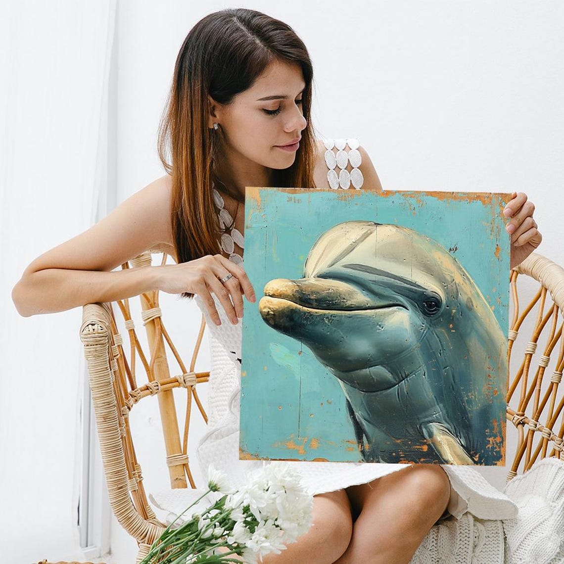 Smiling Dolphin Turquoise Distressed Wood Coastal Rustic Art Poster - Image 3