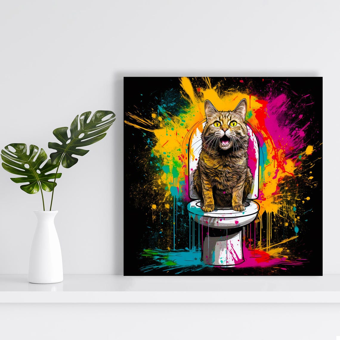 Loud Cat On Toilet Neon Paint Splash Funny Bathroom Pop Art Poster - Image 2