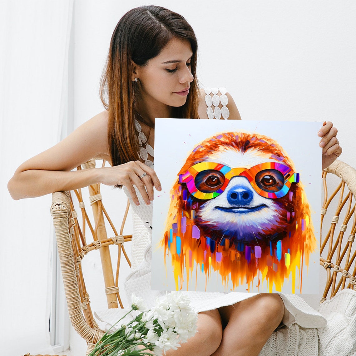 Smiling Sloth Wearing Rainbow Mosaic Glasses Groovy Pop Art Poster - Image 3