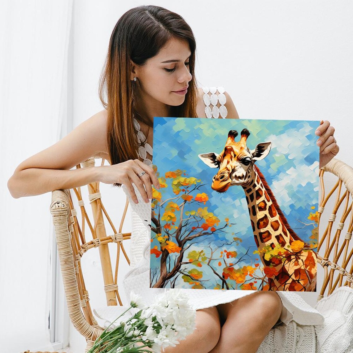 Giraffe Portrait Among Autumn Trees Painterly Oil Style Poster - Image 3