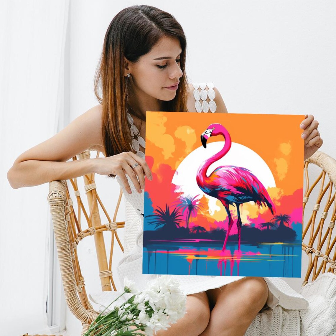 Pink Flamingo At Sunset Palm Silhouettes Tropical Pop Art Wall Poster - Image 3