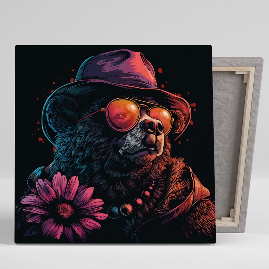 Cool Bear in Hat and Orange Sunglasses Neon Pop Portrait Poster