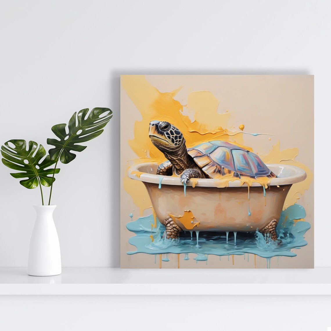 Sea Turtle Bathing in Bathtub Blue Splashes Playful Watercolor Poster - Image 2