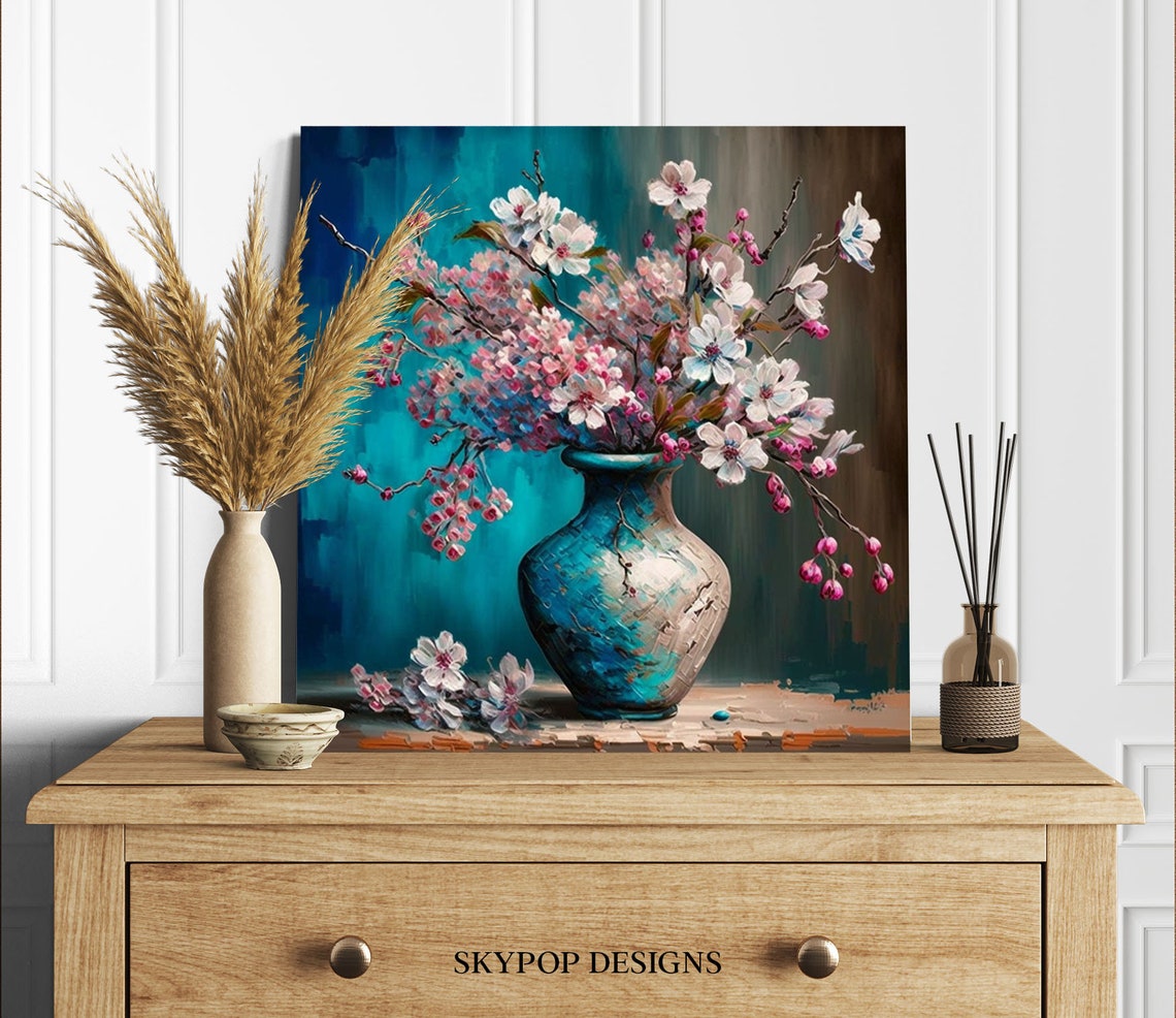 Cherry Blossom Branches In Blue Vase Pink Spring Floral Canvas Poster - Image 3