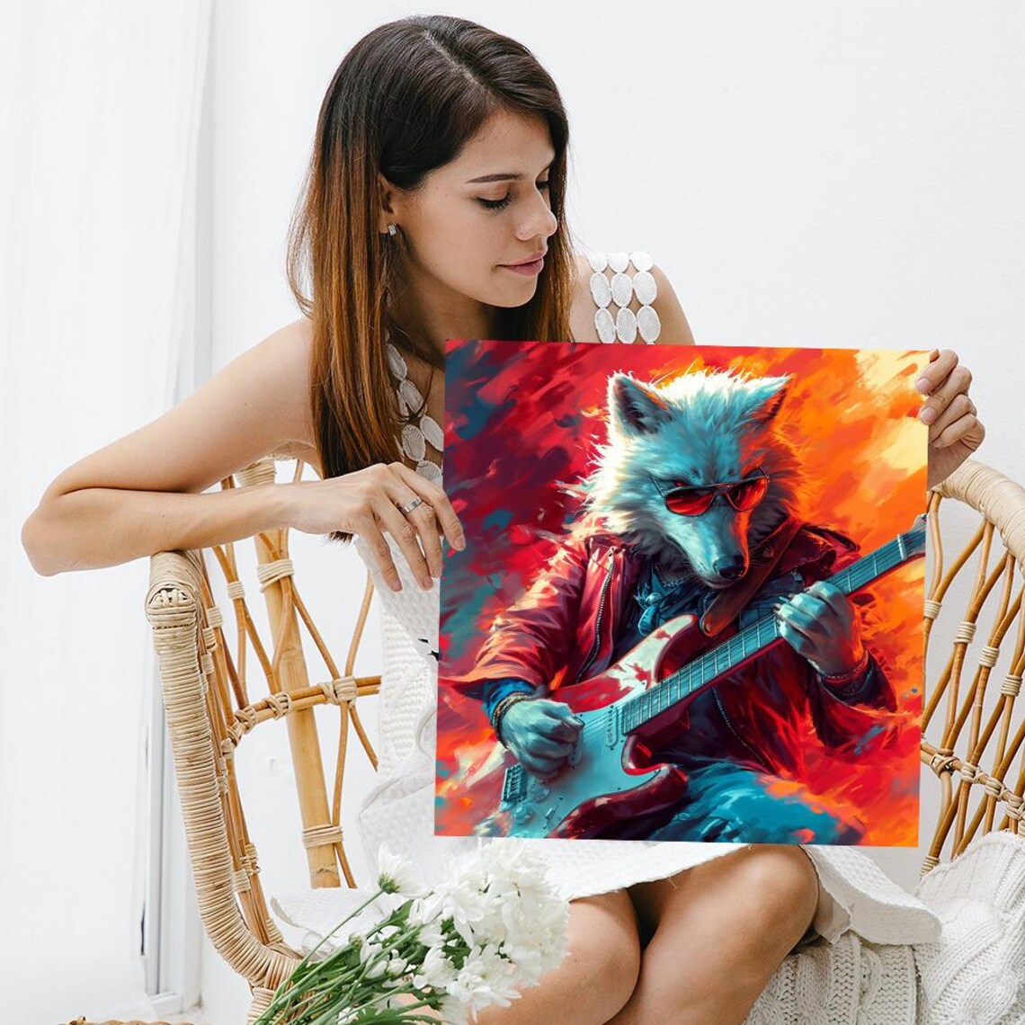 Wolf Guitarist Red Sunglasses Electric Guitar Fiery Rock Music Poster - Image 3