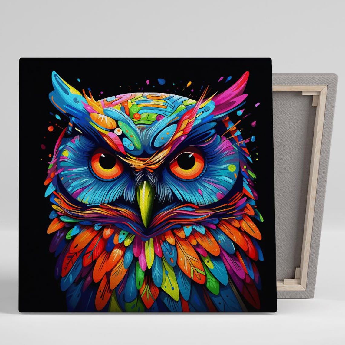 Psychedelic Owl Portrait Neon Color Explosion On Black Poster