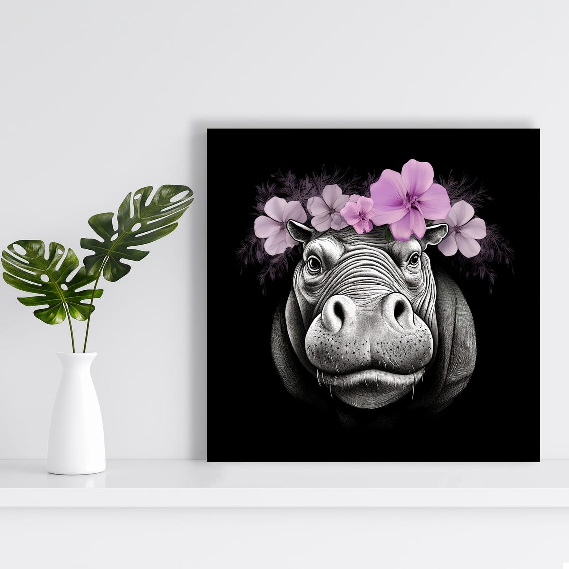Hippopotamus Flower Crown Grayscale Portrait Purple Blooms Wall Poster - Image 2