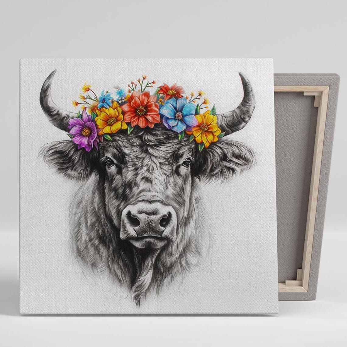 Highland Cow Floral Crown Grayscale Wildflower Rustic Farm Wall Poster