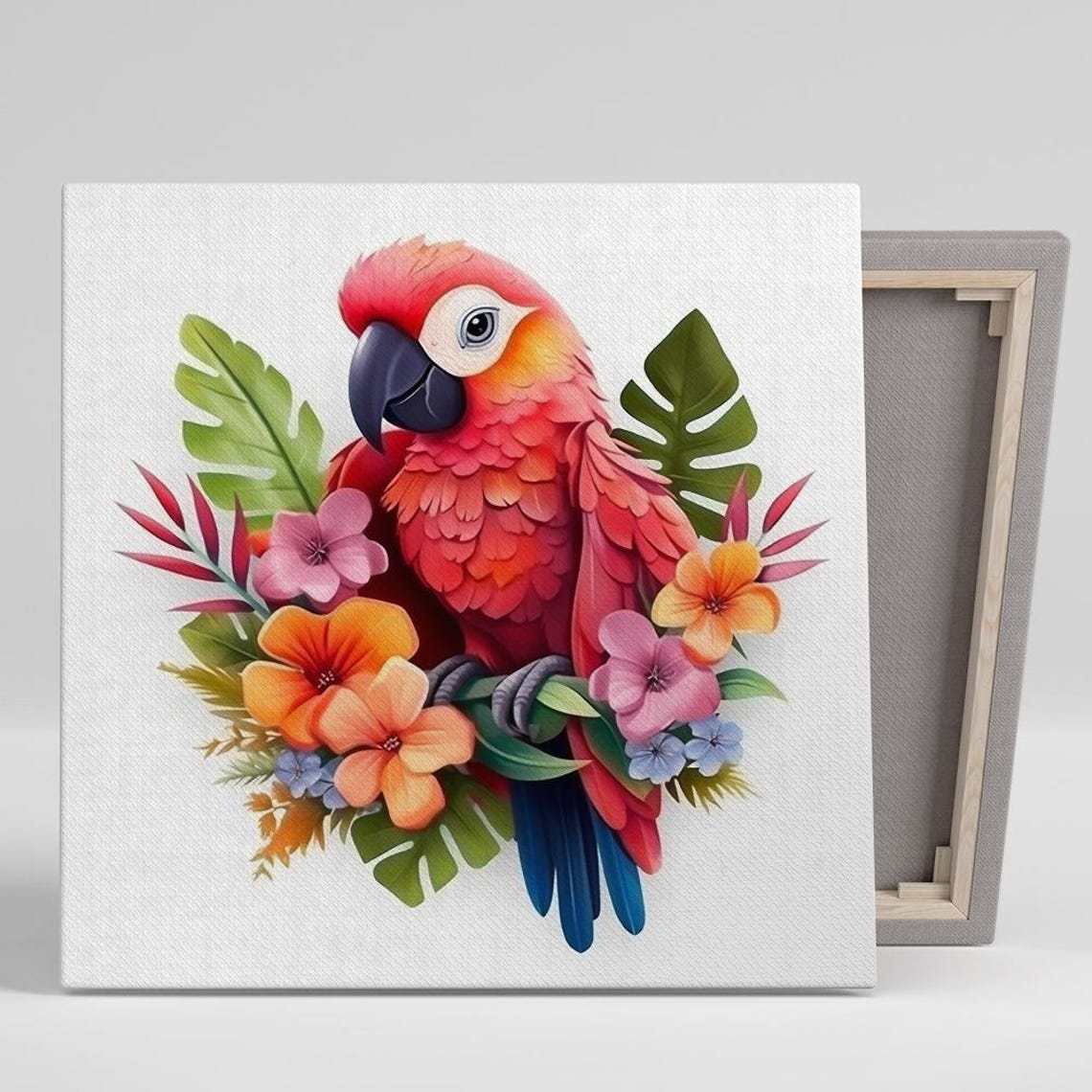 Red Parrot With Tropical Flowers Monstera Leaves Bohemian Poster