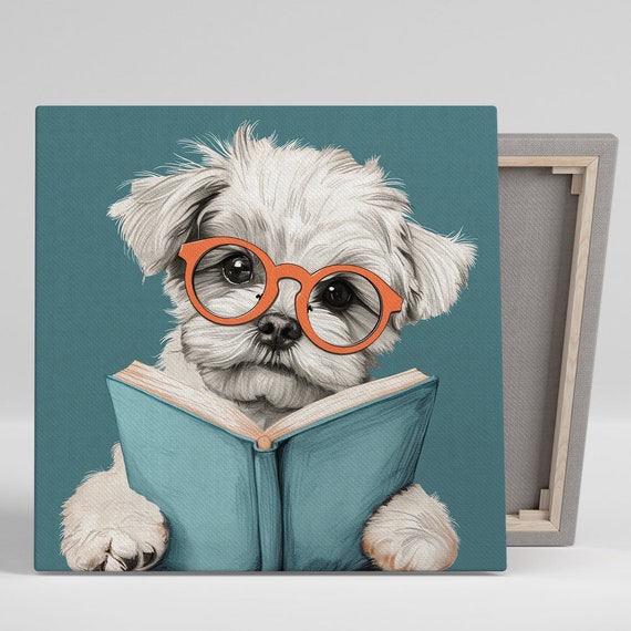 Maltese Art Or Poster Whimsical Animal Contemporary Decor Office Library Childrens Room Living Room Wall Art White Orange Teal