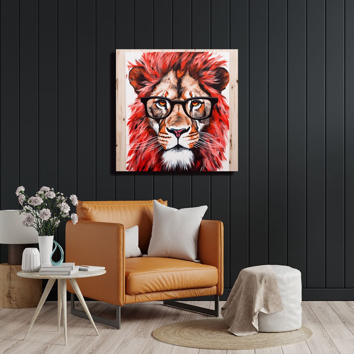 Lion Wearing Black Glasses Red Mane Quirky Funny Animal Art Poster - Image 2