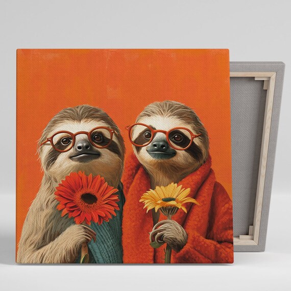Two Sloths Wearing Glasses Holding Flowers Orange Background Cute Poster