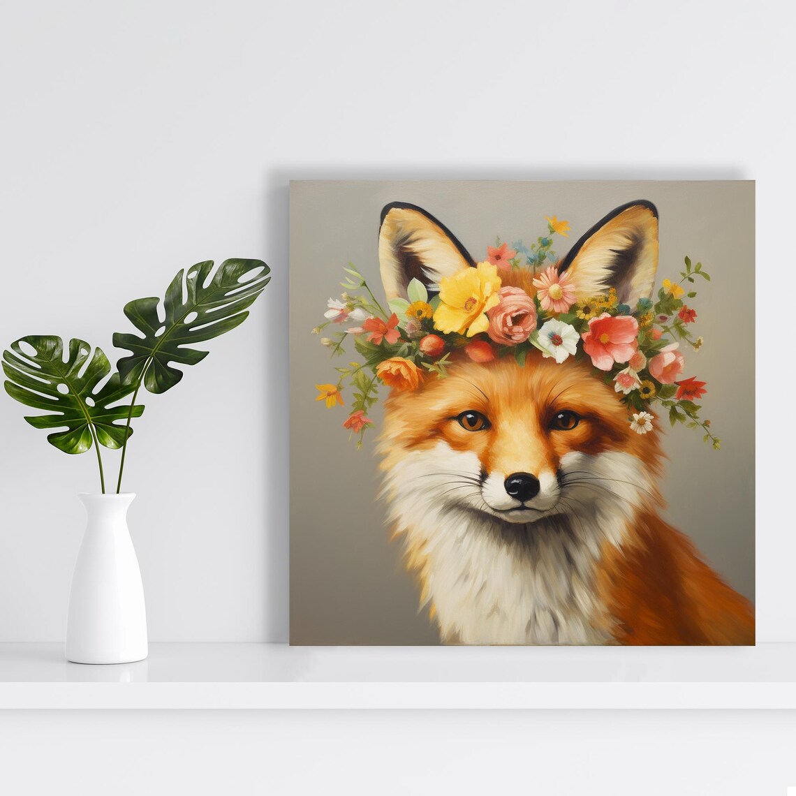 Fox Floral Crown Painterly Portrait Whimsical Woodland Boho Animal Wall Art Print - Image 2