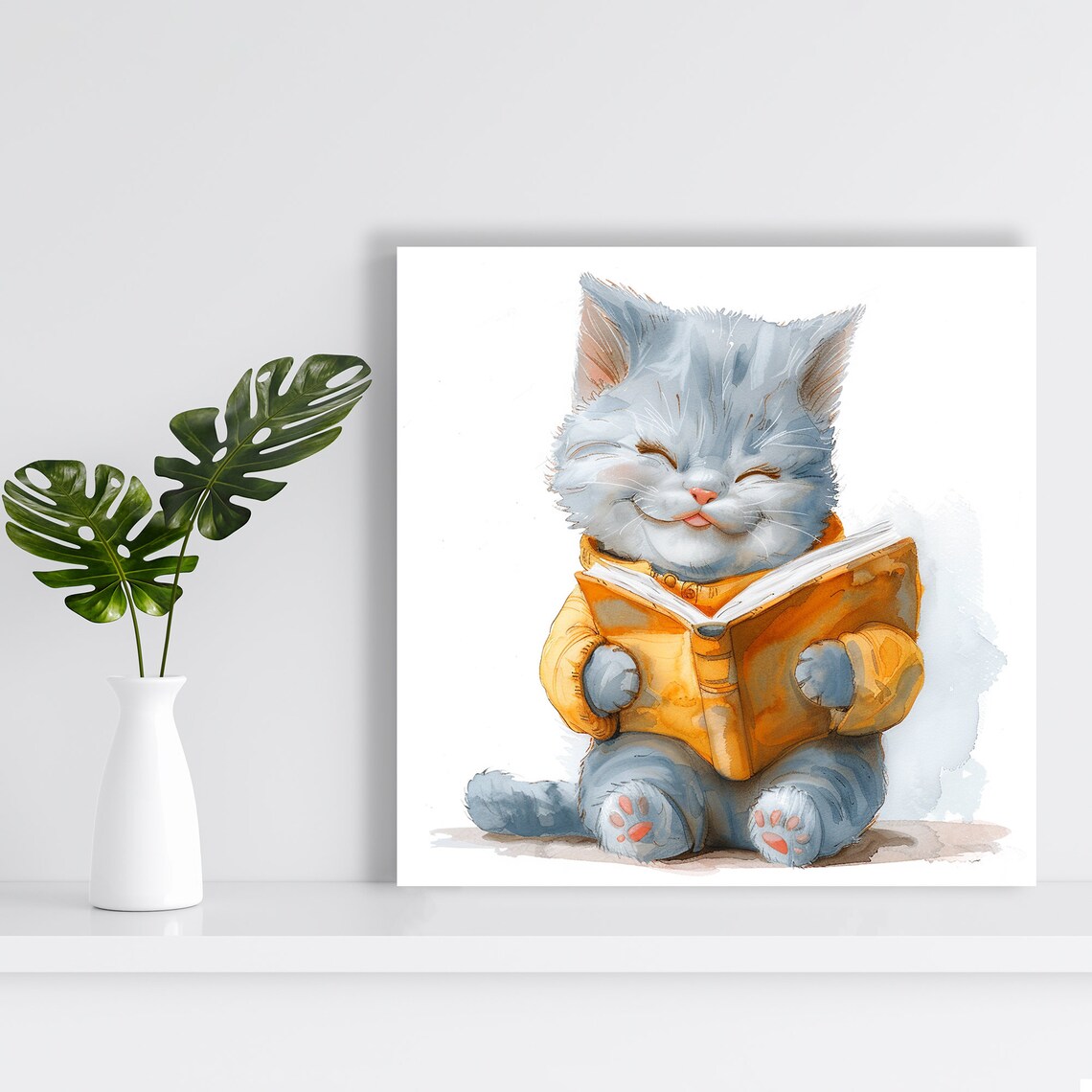 Smiling Kitten Reading Book Yellow Sweater Watercolor Cute Nursery Poster - Image 2
