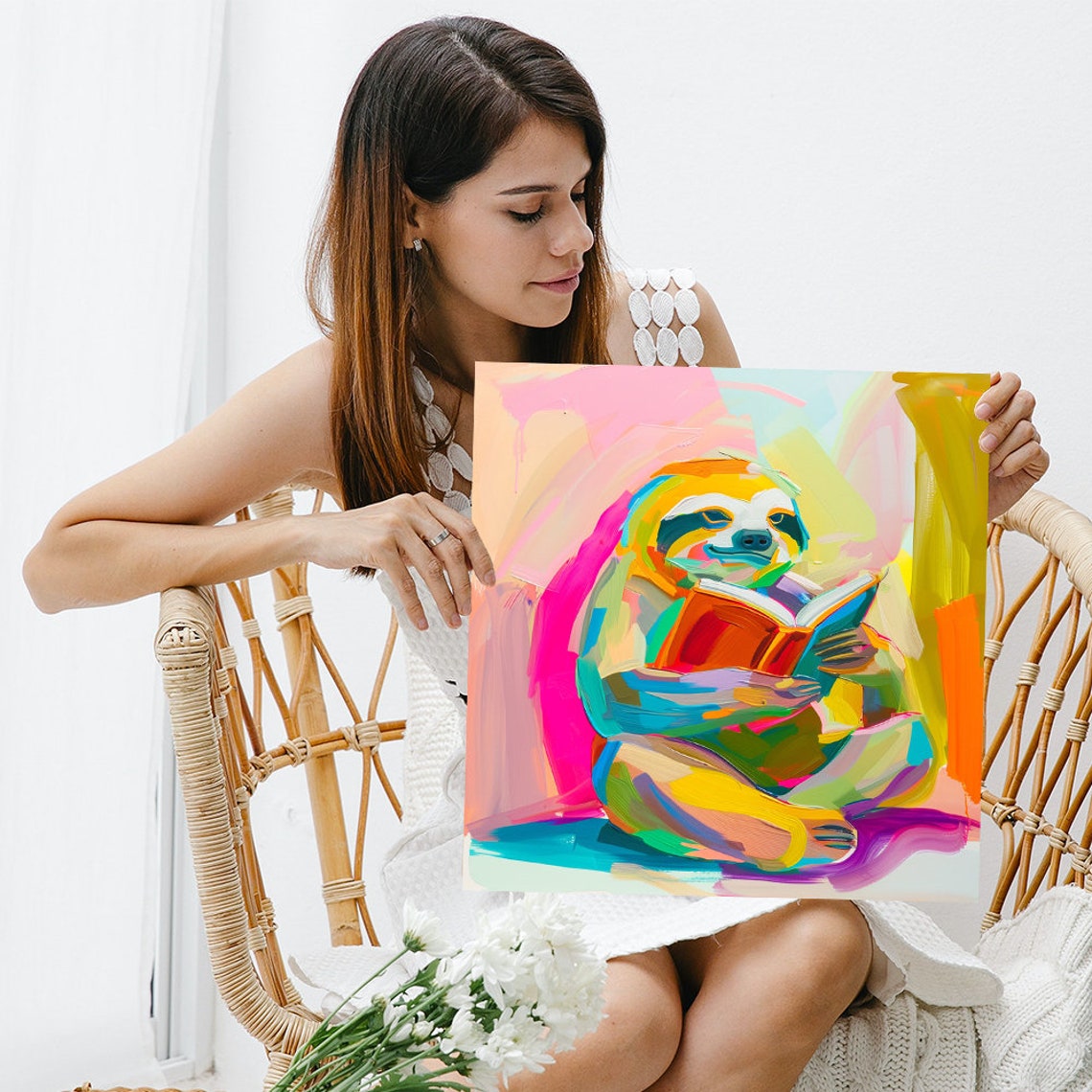 Sloth Reading Book Colorful Fauvist Brushstroke Whimsical Poster - Image 3