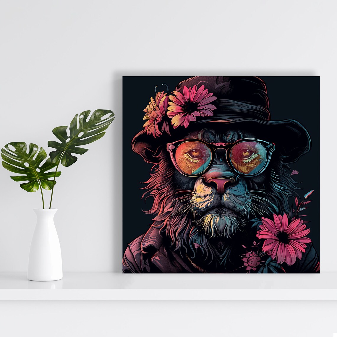Hipster Lion Round Glasses Floral Hat Neon Pop Art Animal Wall Art Poster - Image 2