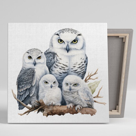 Snowy Owl Family Portrait, Rustic Modern Art Print